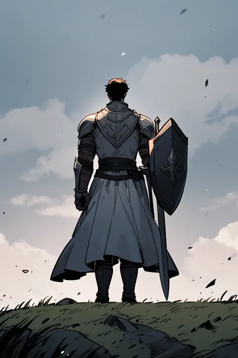 a muscular knight with short hair and a middle-part facing away from the camera with a sword and shield, on a hill, full-body shot