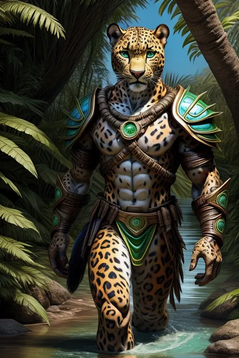 image of a humanoid jaguar warrior, with sleek, muscular limbs covered in spotted jaguar fur. the warrior wears a vibrant armor ...