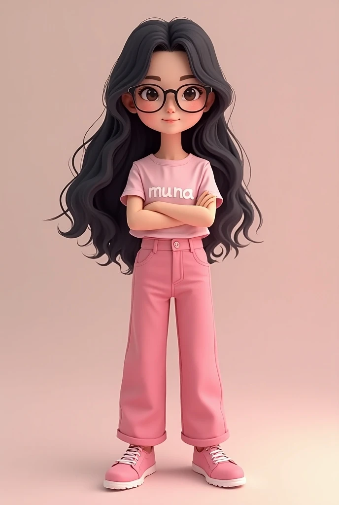 A pretty girl with long black and wavy hair. Hair length around waist. Has fair skin and chubby cheeck. Wear black trendy eyeglasses. Height around 141 cm. Petite body. Wear pink shirt and pink trouser with pink shoe. Has MUNA as her shirt logo. 