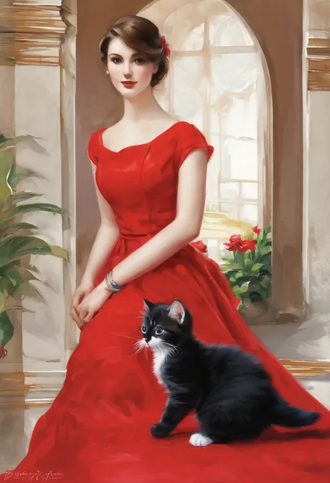 A  in a red dress and a tricolor kitten