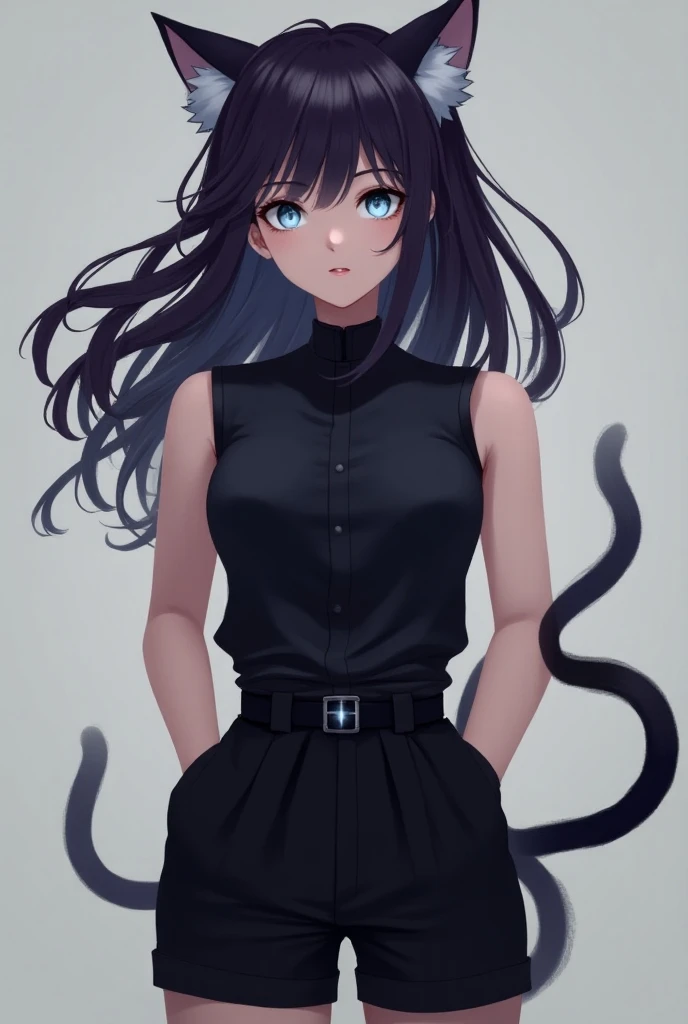 Girl with dark purple hair  .  Gray with light blue cyan eyes color black sleeveless shirt short shirt pants and belt with cat ears and tail