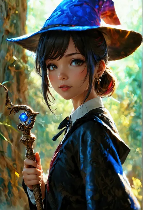  high definition, masterpiece, accurate, highest quality,  high definition model, quality,  very detailed,  blurred background, far and near method,  backlight, Concentrated line,  1 girl, Apprentice wizard student in a fantasy world　 has a magic wand　Wear...