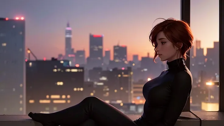 "A young woman with short auburn hair sits on the edge of a rooftop at night, gazing out over a quiet cityscape illuminated by distant city lights. She is wearing a black turtleneck and jeans, with her legs casually folded beneath her as she holds a cigare...