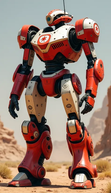 "A Tunisian war robot in red and white with a crescent and star emblem, inspired by ancient Carthaginian warriors and Mediterranean adaptability."