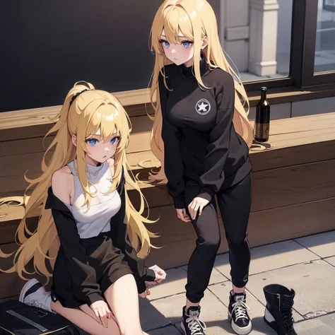 teenage girl, golden blond hair, shoulder lenght hair, pale skin, blue eyes, big boobs, wearing dark sweatpants, black thight tshirt with turtle neck, a black jacket, converse shoes, 