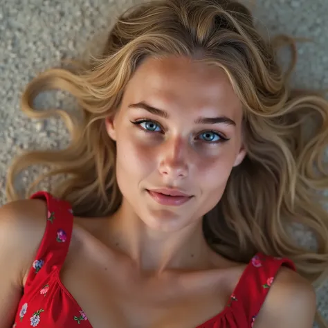 Realistic close-up face of a young blonde American woman lying on the beach, wearing a red dress with flowers on the dress,