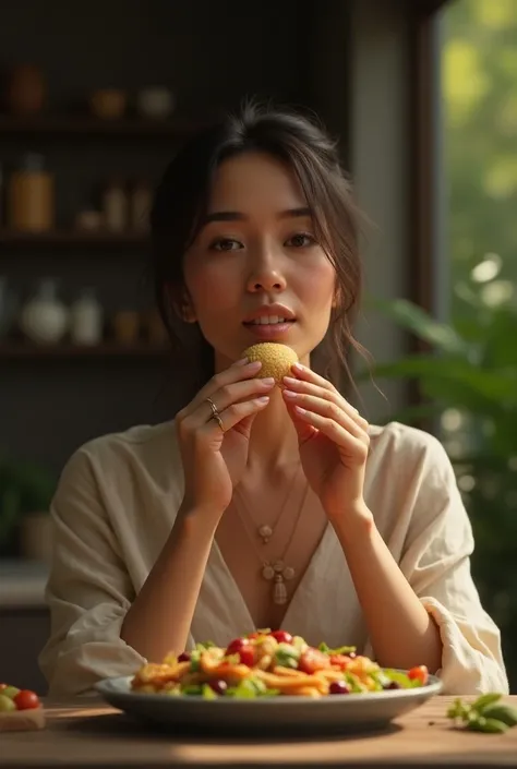 A american woman enjoy from mindfull eating when bites food