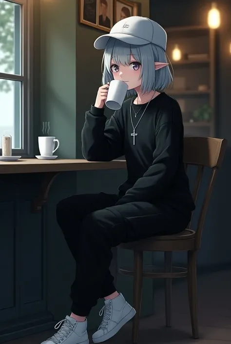 demon girl, short hair color light gray blue , white cap, silver cross necklace,black sweatshirt,  black cargo pants , white tennis shoes, In a cafe drinking coffee looking serious