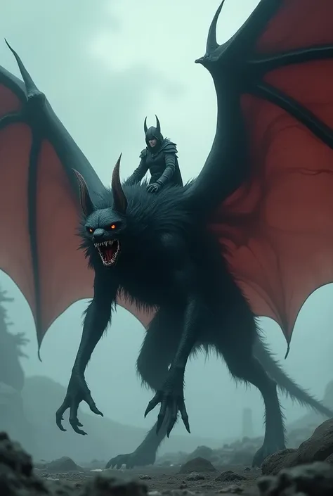 The image features a mythical creature, a giant bat, with a vampire knight riding it. The creature is depicted in a crouched position, with elongated limbs and large membranous wings that feature a gradient from dark red to black. Its body is covered in da...