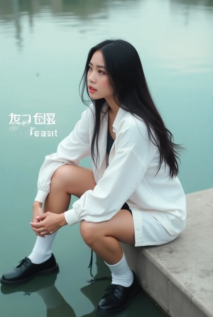  A woman sits on a concrete ledge at the edge of the water. She has long black hair and is wearing a white shirt and white socks with black shoes. The text "Side Fit Check" is superimposed on the image, indicating that this is a fashion check.