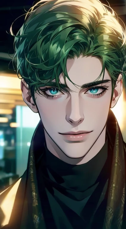 (best quality,4k,8k,highres,masterpiece:1.2),ultra-detailed,(realistic,photorealistic,photo-realistic:1.37),1 man,31 years old,mature man,very handsome,without expression,smile,short green hair,blue eyes,penetrating gaze,perfect face without errors,imposin...