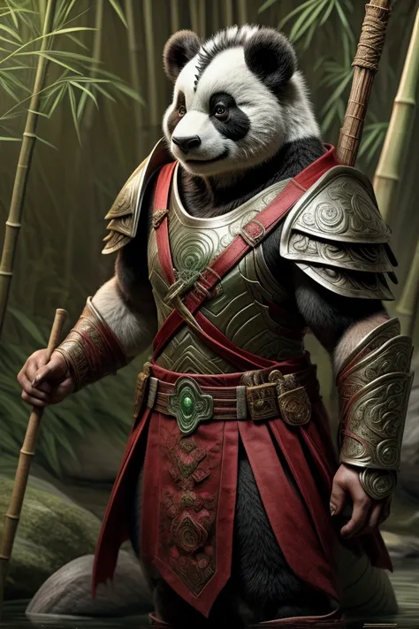 Image of a humanoid panda warrior, with a strong human-like body covered in black and white fur. The warrior wears an armor of jade green and red, symbolizing Chinas national colors. The armor is lightweight and flowing, with intricate dragon and bamboo en...