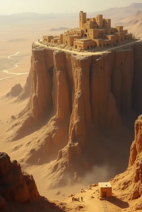 Un ville en haut dune falaise en plein milieu du désert 

Il y a une autre ville beaucoup plus grosse en bas de la falaise 

On voit le tout vu den haut, In aerial view 