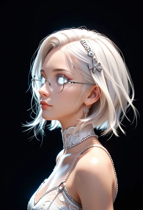 Best Quality,A perfect masterpiece,perfect artwork,Official Works,8k,, (Upper body portrait:1.3),((Viewed from the side:1.5)), close-up lens,delicate face,, ,White Hair Girl,(Excavation:1.5),short and medium hair,((White transparent eyes:1.5)),( white dres...