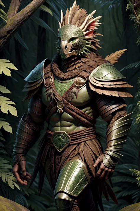 Image of a humanoid kiwi warrior, with a muscular human-like body covered in thick, brown feathers. The warrior wears armor made of dark green and brown, inspired by the lush forests of New Zealand. The armor includes leaf patterns and designs inspired by ...