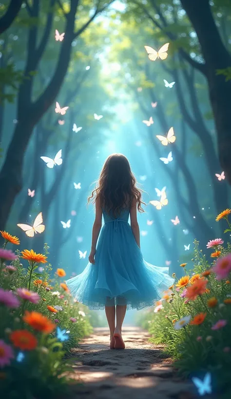 A magical forest scene where a young girl in a flowing, blue dress stands surrounded by luminous butterflies of various colors. The enchanted forest is bathed in soft, ethereal light with dappled sunlight filtering through the tall trees, creating a mystic...