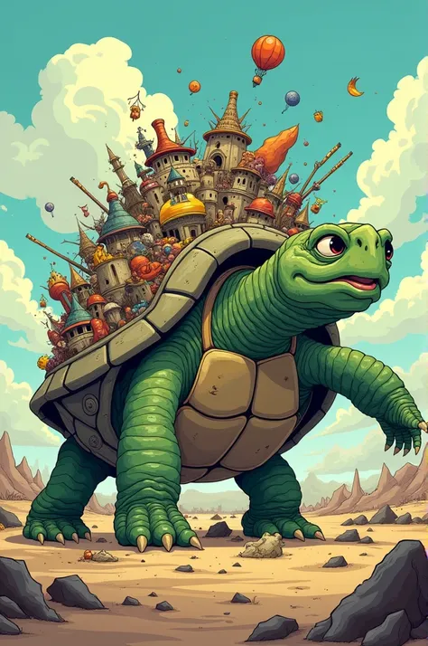 Make a cartoon of a giant turtle that carries an enormous burden of world problems (hungry, wars, poverty),  but it moves extremely slowly and at insignificant steps . Add text like  " The hope that it will arrive on time ".