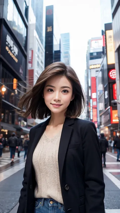 highest quality、genuine、Super detailed、finely、High resolution、8k wallpaper、one beautiful japanese woman Walking  Under the skyscraper、light brown short hair、sharp focus、perfect dynamic composition、beautiful and detailed eyes、thin hair、Detailed genuine skin...