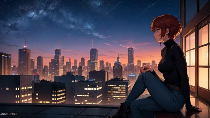 "A young woman with short auburn hair sits on the edge of a rooftop at night, gazing out over a quiet cityscape illuminated by distant city lights. She is wearing a black turtleneck and jeans, with her legs casually folded beneath her as she holds a cigare...