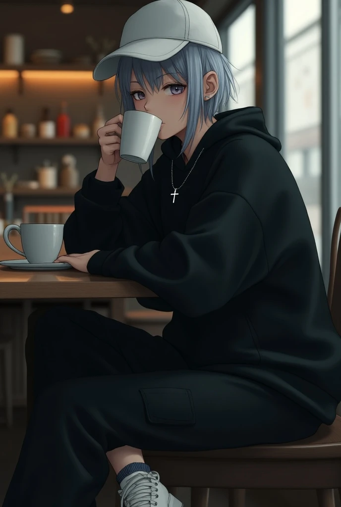 demon woman, short hair color light gray blue , white cap, silver cross necklace,black sweatshirt,  black cargo pants , white tennis shoes, In a cafe drinking coffee semblante, Serious