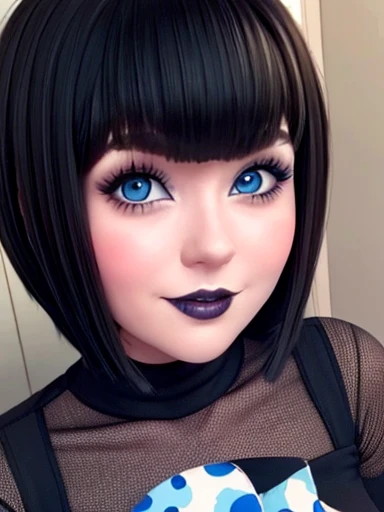 Mavis , creepy face , blue eyes, busty girl, bobcut hair,  cute face makeup dark 