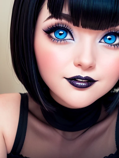 Mavis , creepy face , blue eyes, busty girl, bobcut hair,  cute face makeup dark 