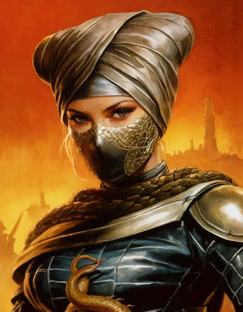 un gros plan dune femme en costume avec un masque, femme assassin à tête de serpent, Portrait de fille Ninja Gaiden, inspiré par Amanda Sage, portrait dororo munroe, drew struzan illustration art, peinture détaillée du film des dunes, garde féminine à tête...