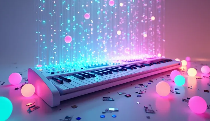 Hyper realistic hypnotic image, lots of light and vibrant colors. On a white background, a beautiful, wonderful, precious, fantastic, enigmatic, huge, very fantastic "electronic keyboard" that shines a lot, receives a shower of colored light balls. The lig...