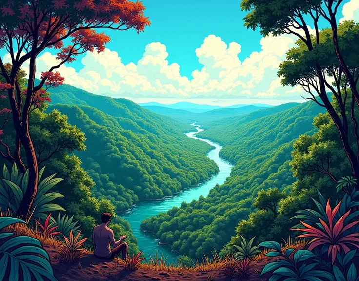  Modern comic style image, The Amazon rainforest, lots of vegetation and rivers. seen from a hill 