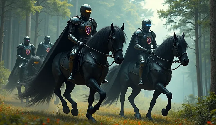  Several modern Knights Templar ,  riding black horses , stocky ,  with long manes and shiny black fur ,  PROFILE ANGLE.  The knights wearing shiny black cybernetic armor,   eyes with lights on the helmet . Action style.  burning white Christian Cross eman...