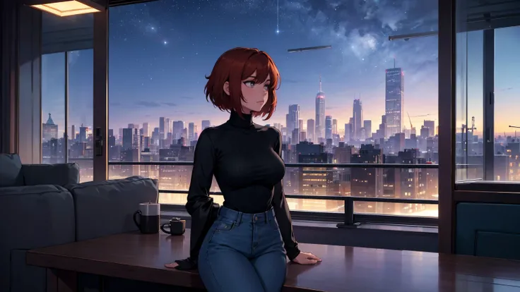 "A young woman with short auburn hair sits on the edge of a rooftop at night, gazing out over a quiet cityscape illuminated by distant city lights. She is wearing a black turtleneck and jeans, with her legs casually folded beneath her as she holds a cigare...