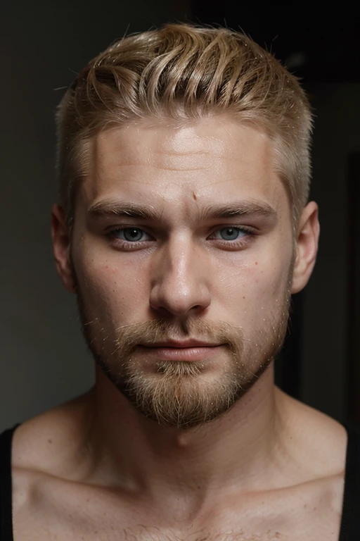 A 28-year-old realistic white-blonde Russian mans beard full and well filled with serious expression lines across the face and a horizontally cut scar on his face short haircut low male phase 