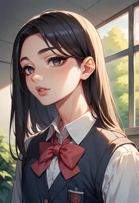 a boy in a japanese school uniform, crossdressing as a girl, dark hair, beautiful detailed eyes, beautiful detailed lips, long eyelashes, looking at the camera, solo, highres, 8k, masterpiece, anime style, soft light