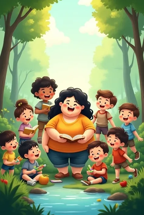 Create a poster featuring a chubby teacher with long curly black hair and white skin, Surrounded by 5-year-old children with a fun background of trees and a river 