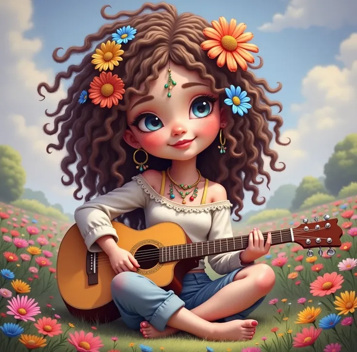  3D painting of a girl with a guitar in a flower field,  flower ,  hippie girl , cute digital art detalhada, Realistic painting of cute girl, girl in flowers, cute digital art,  Adorable digital painting , detailed cute, hip py,  flamboyant art , cute artw...