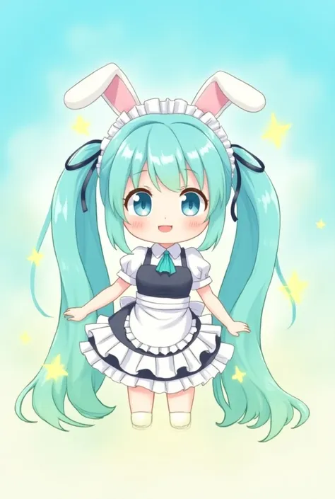 chibi on head, girl, smile, open mouth, pastel colors, super cute, ,   cyan eye, ahoge,  ,blue green hair,, very long hair, twintails, ✨,yellow,heart,smile slime,cat ears, maid, sky,beautiful eyes,sparkling daydream,  aura, loli,rabbit ears,dynamic angle,,...