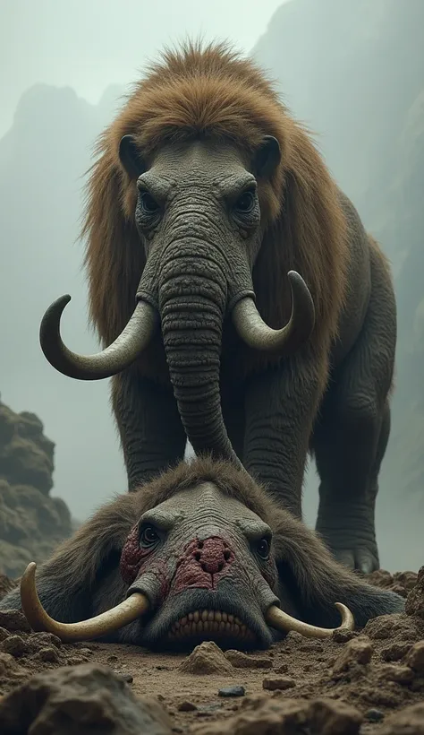 A dead bingal mammoth is lying on the ground and a prehistoric woolly dinosaur is stan ding with one foot on top of the mammoth. Mammoth face was injured