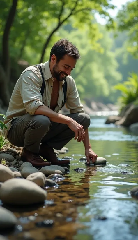 
David may be crouched down by the stream, attentively picking out smooth pebbles. He may be smiling, showing that he knows what he is doing.
hyper realistic style, Ultra HD, Disney style, 4D cinema