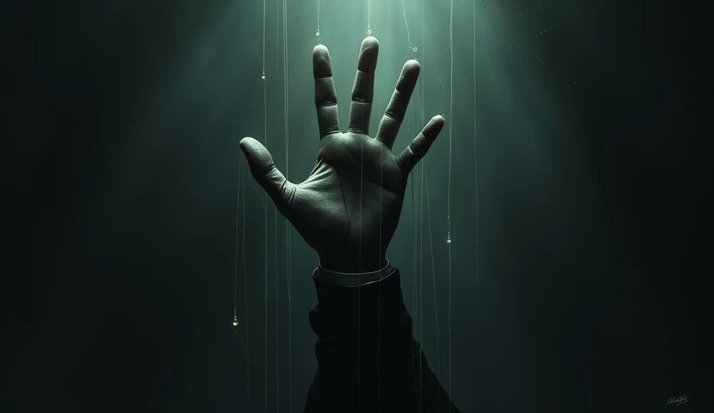 Dark background, Above, a large hand, from the front, of a ventriloquist with a line coming out of each finger