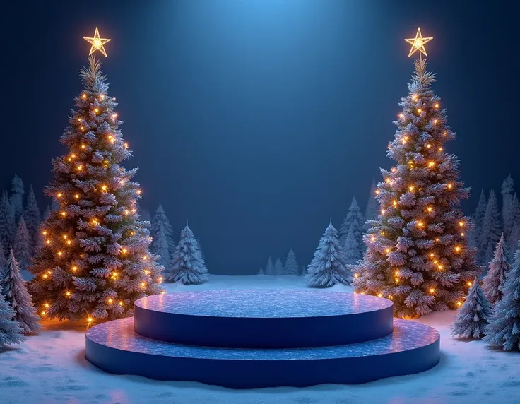 the New Years podium is blue, there is a Christmas tree next to it