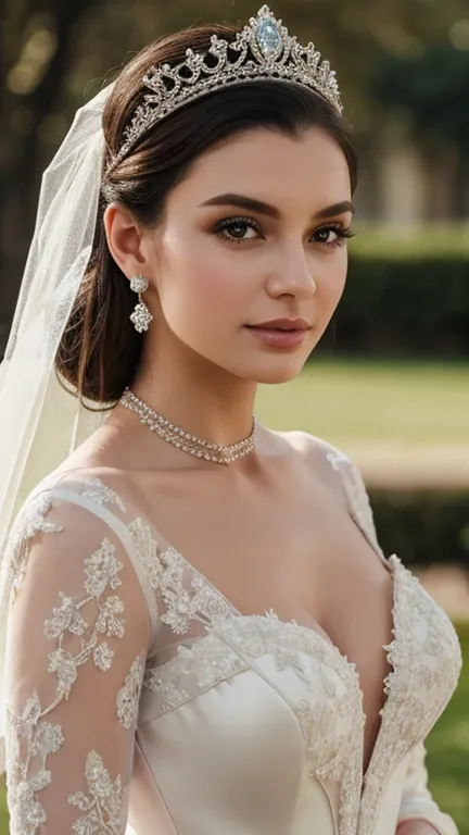 a picture of s4brina, blonde, realistic, photorealistic, detailed skin, surface scattering, bokeh, skin pores, modeling at a palace setting, adorned in a stately satin, lace and tulle ballgown wedding dress, bow in back, bows on skirt, long sleeves, modest...