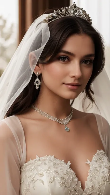 a picture of s4brina, blonde, realistic, photorealistic, detailed skin, surface scattering, bokeh, skin pores, modeling at a palace setting, adorned in a stately satin, lace and tulle ballgown wedding dress, bow in back, bows on skirt, long sleeves, modest...