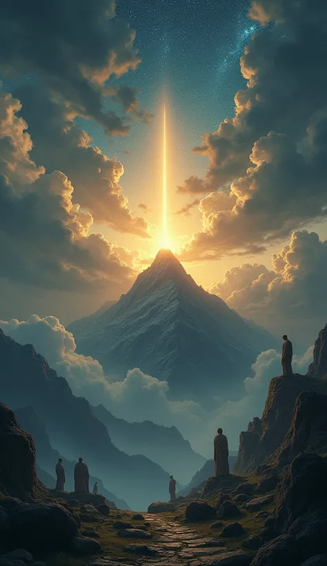 Mysterious digital illustration depicting an epic mythological landscape, with a mix of starry skies and dark clouds enveloping the summit of Mount Olympus. In the center, a soft, golden light emerges from the sky, suggesting a divine presence. Add mystica...