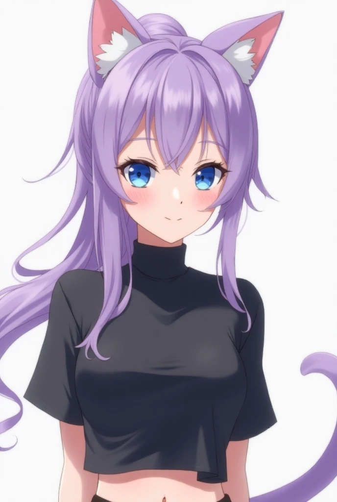  With purple hair with a ponytail with cat ears black shirt .Que se le vea la barriga ♀️ojos azules Personaje de gacha