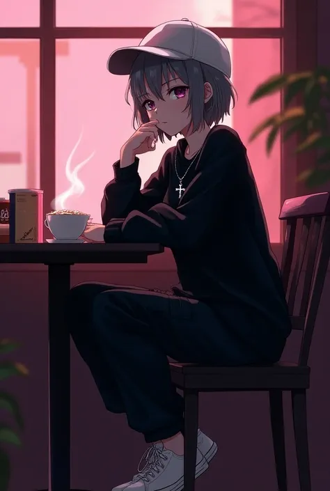 demon girl, short black and light gray hair , white cap, silver cross necklace,black sweatshirt,  black cargo pants , white tennis shoes,  in a cafe on a pink afternoon drinking coffee semblante, Serious.