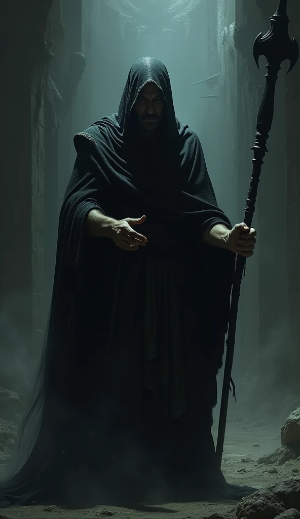 A shadowy depiction of Hades, the god of the underworld, in his dark realm. Hades has a mysterious and serious expression, surrounded by shadows and low lights that reflect his power over the dead. In the background, a vast dark portal leads to the underwo...