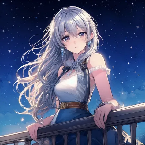  Person with long silver hair ,  dressed in a sleeveless white blouse with lace details and a black bow on the neck.  She is leaning on a railing , with one hand on her ,  and wears a blue skirt with a wide and decorative brown belt .  The background is a ...