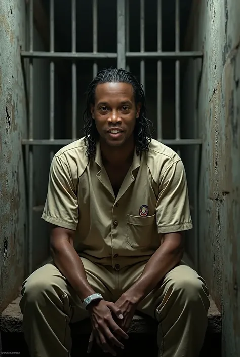 player ronaldinho gaucho, he is wearing prisoner clothes, sitting inside the prison