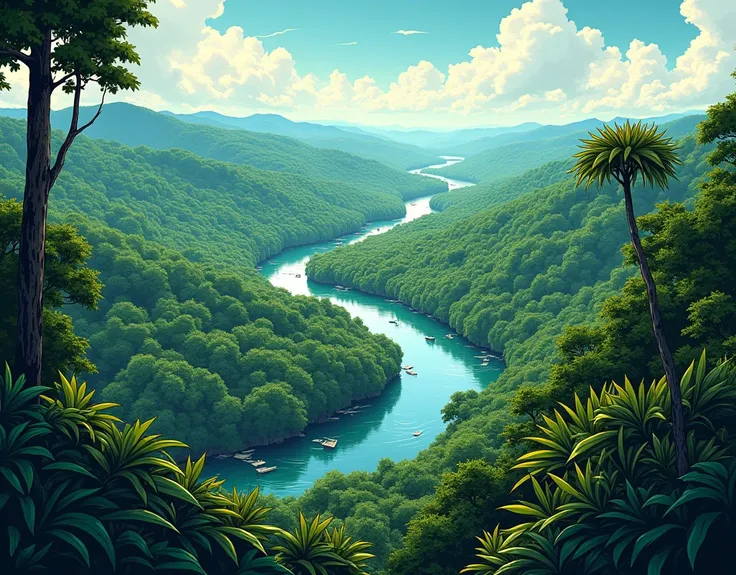  Modern comic style image, The Amazon rainforest, lots of vegetation and rivers. seen from a hill of many trees  