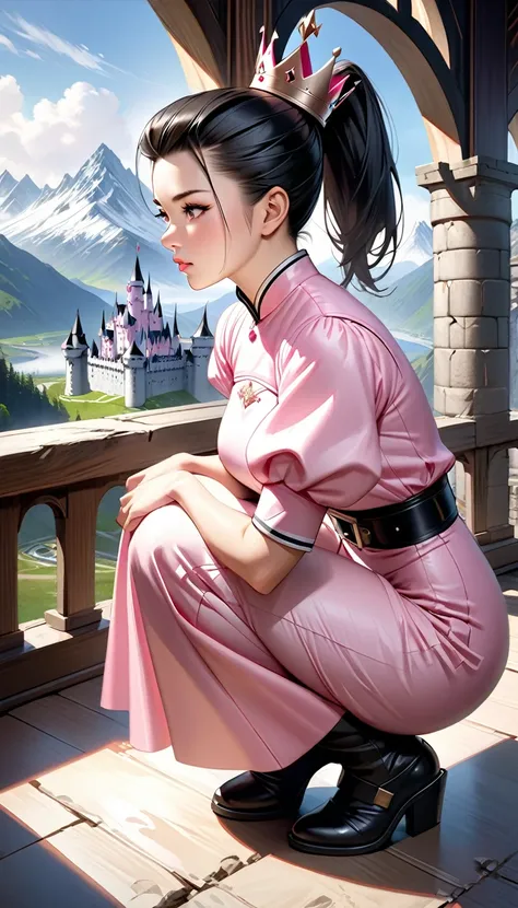 solo。１ female students。Realistic drawing。High image quality。 high quality。 digital painting。Focus on the face。
 black hair ponytail、Bangs slicked back。Muscular。 pink long dress 。Small Crown。mountains and western castles 。squat。thick black belt 。 puff sleev...